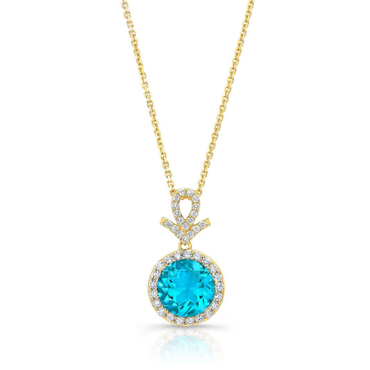 Blue Topaz And Diamond Pave Halo Pendant In 14k Yellow Gold