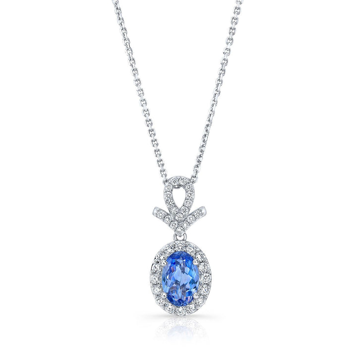 Tanzanite Oval Halo Pendant in 14K White Gold – front view | RockHer