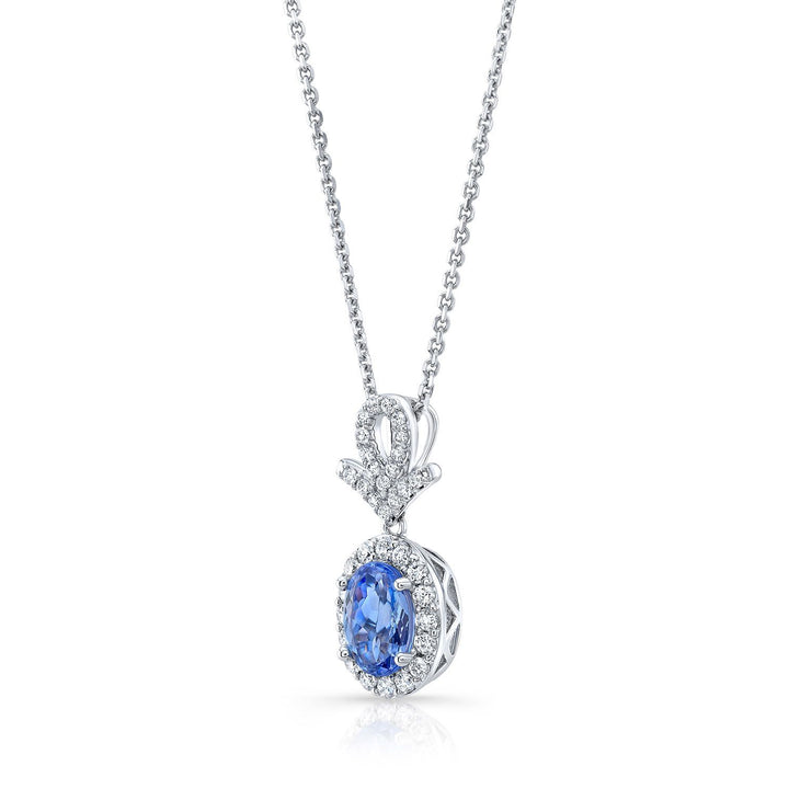 Tanzanite Oval And Pave Diamond Halo Pendant In 14k White Gold
