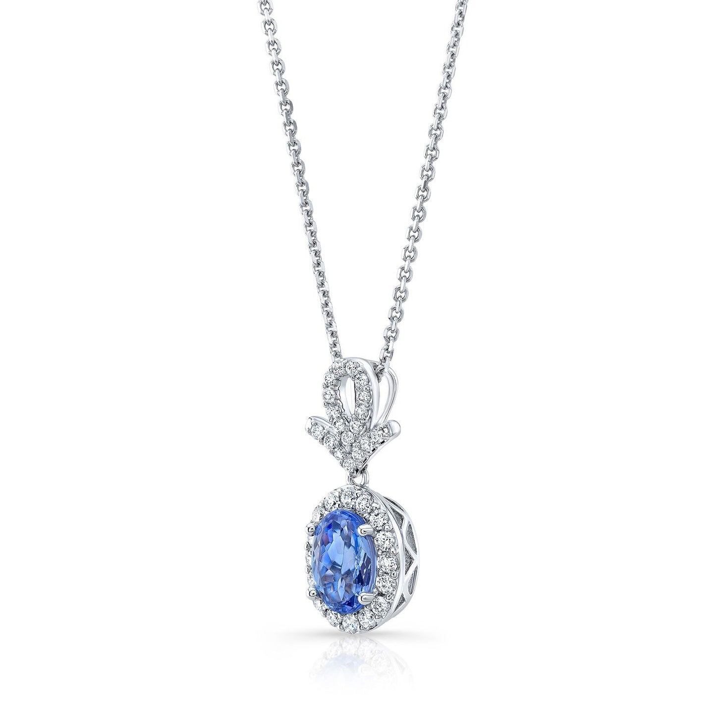 Sapphire Oval And Pave Diamond Halo Pendant In 14k White Gold