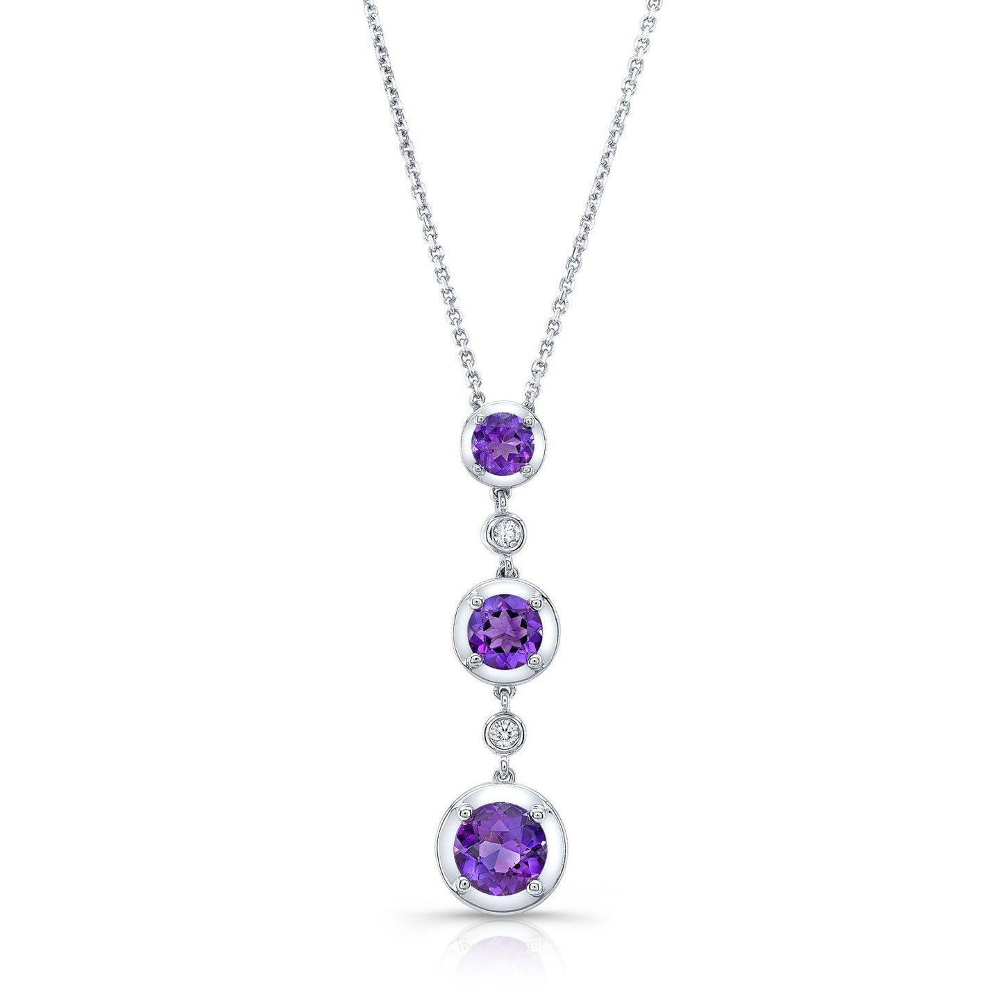 Graduated Amethyst And Diamond Drop Pendant In 14k White Gold