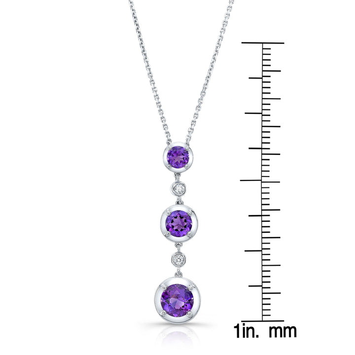 Graduated Amethyst And Diamond Drop Pendant In 14k White Gold