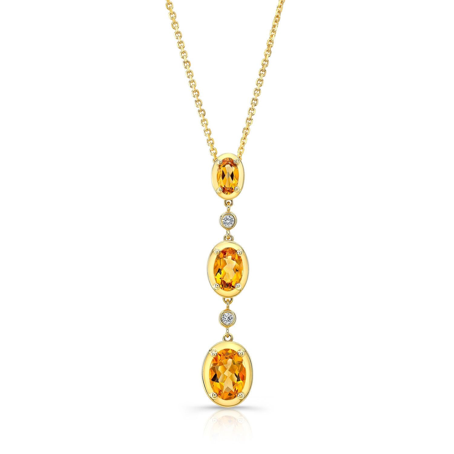 Graduated Oval Citrine And Diamond Drop Pendant In 14k Yellow Gold