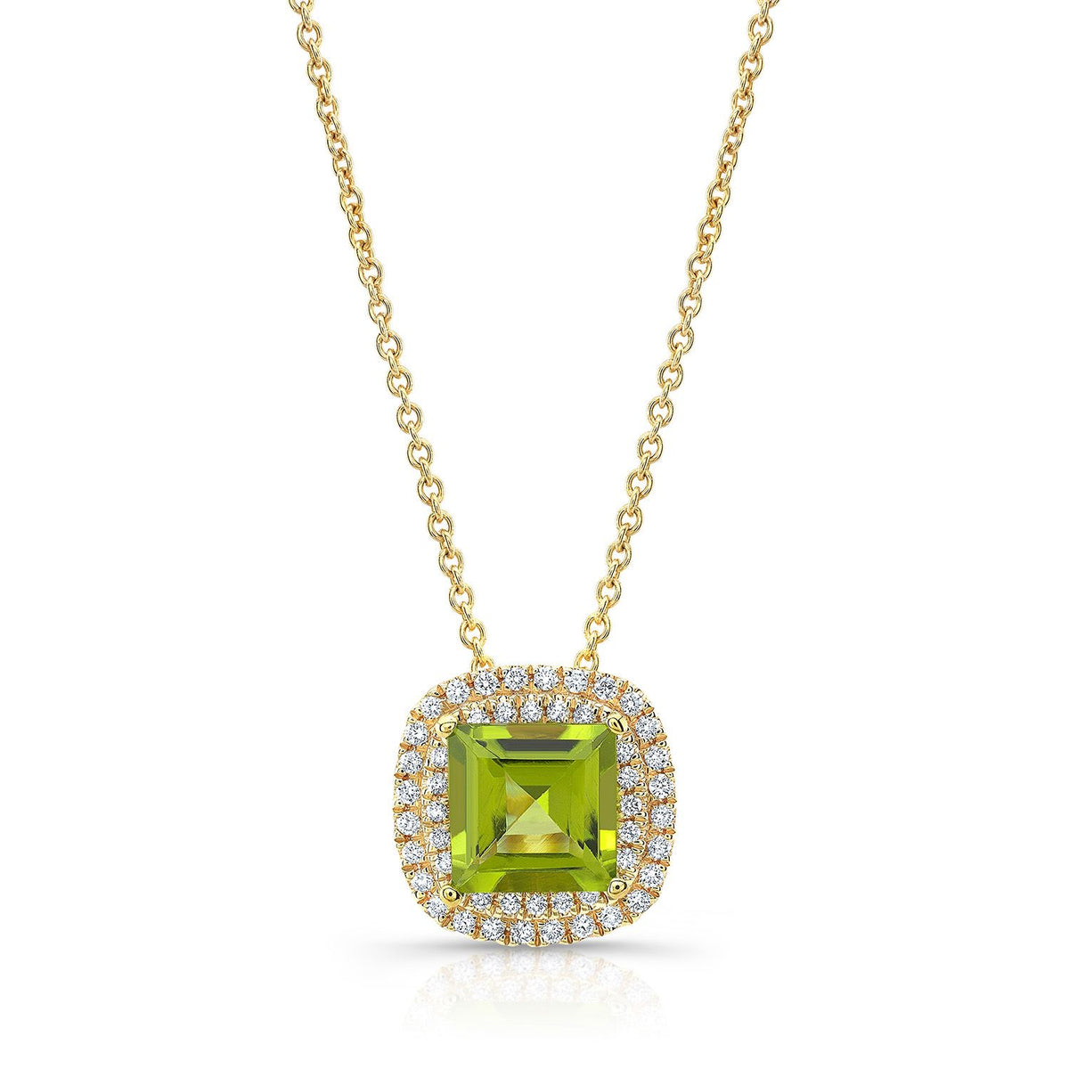 Peridot Cushion And Diamond Double Halo Pendant, in 14K Yellow Gold, front view | RockHer