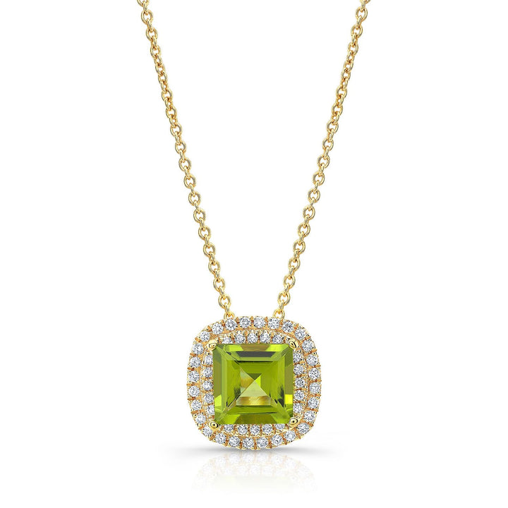 Peridot Cushion And Diamond Double Halo Pendant, in 14K Yellow Gold – front view | RockHer