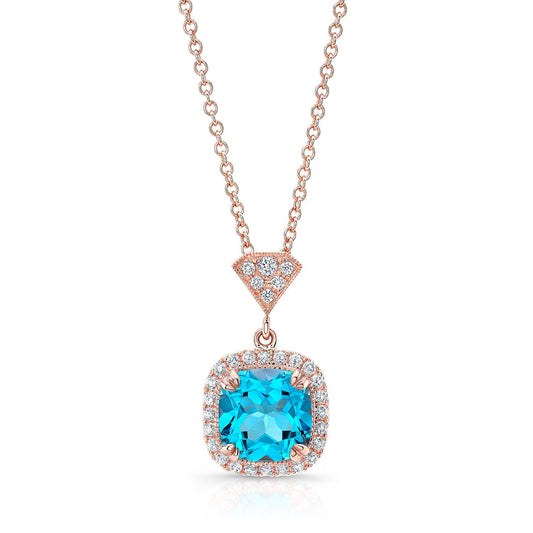 Blue Topaz Cushion And Diamond Halo Pendant In 14k Rose Gold