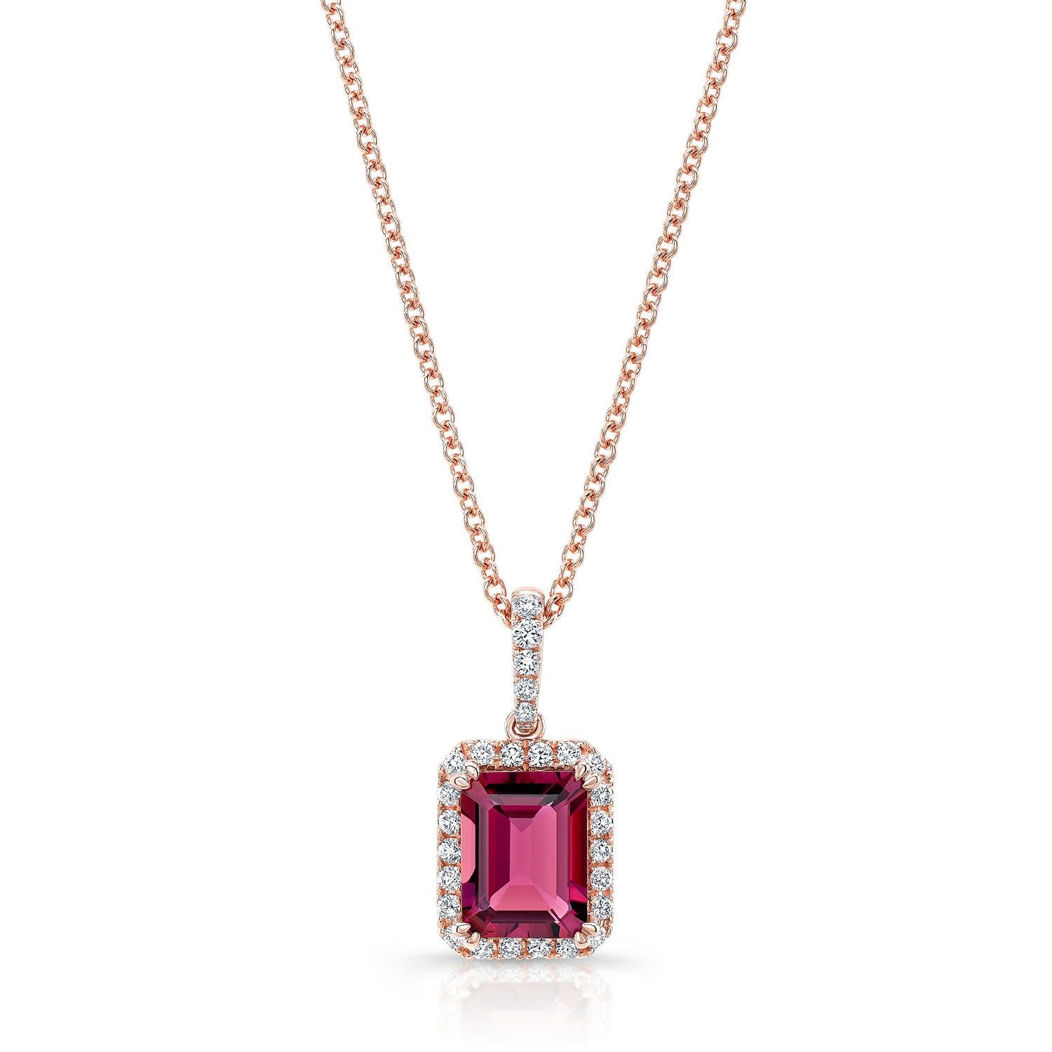 Pink Tourmaline Emerald-cut And Diamond Halo Pendant In 14k Rose Gold