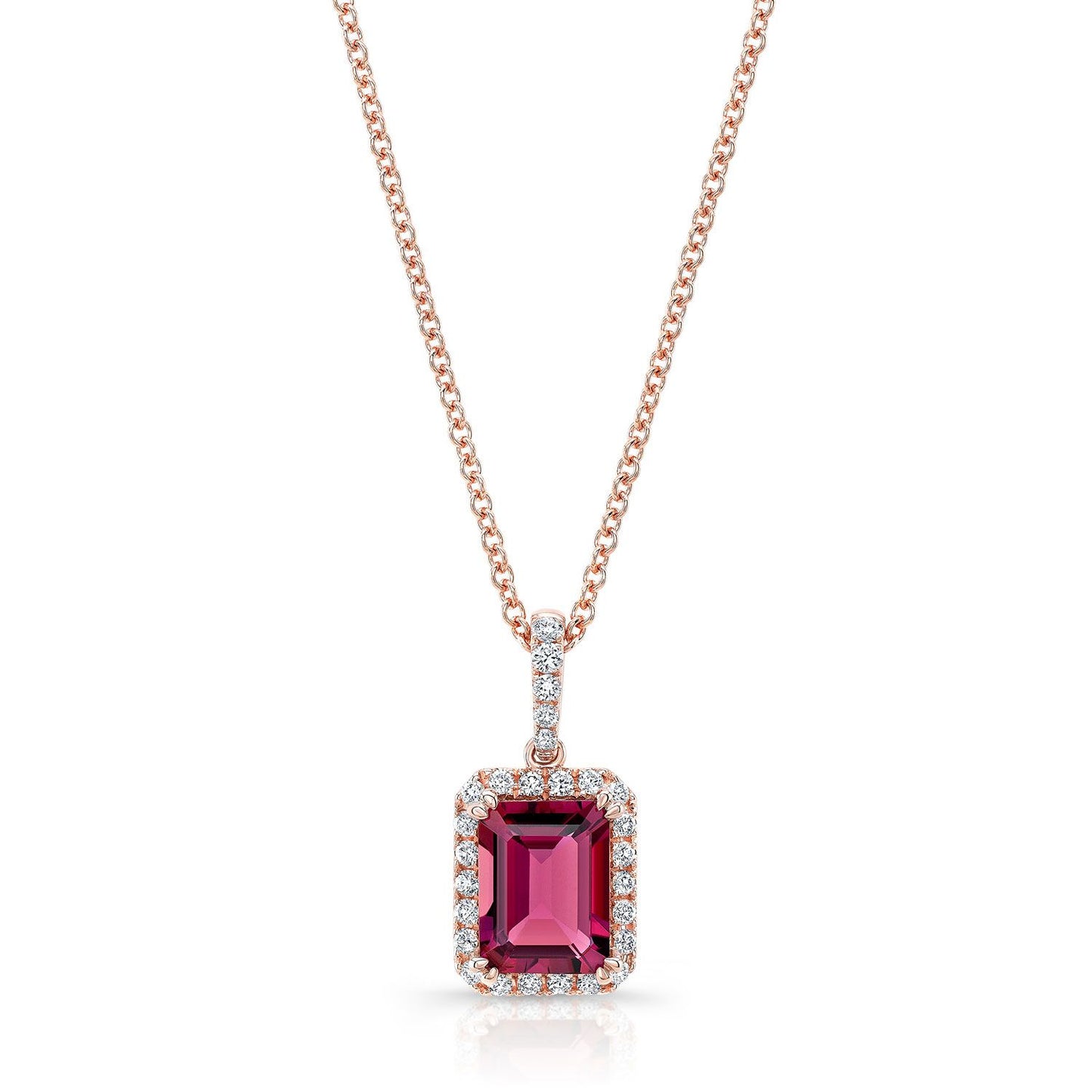 Pink Tourmaline Emerald-cut And Diamond Halo Pendant In 14k Rose Gold