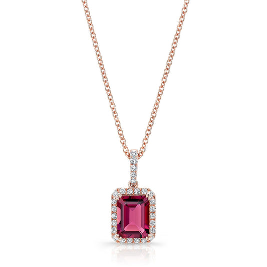 Pink Tourmaline Emerald-cut And Diamond Halo Pendant In 14k Rose Gold