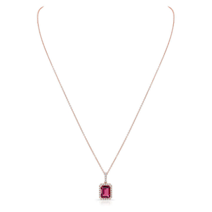 Pink Tourmaline Emerald-cut And Diamond Halo Pendant In 14k Rose Gold