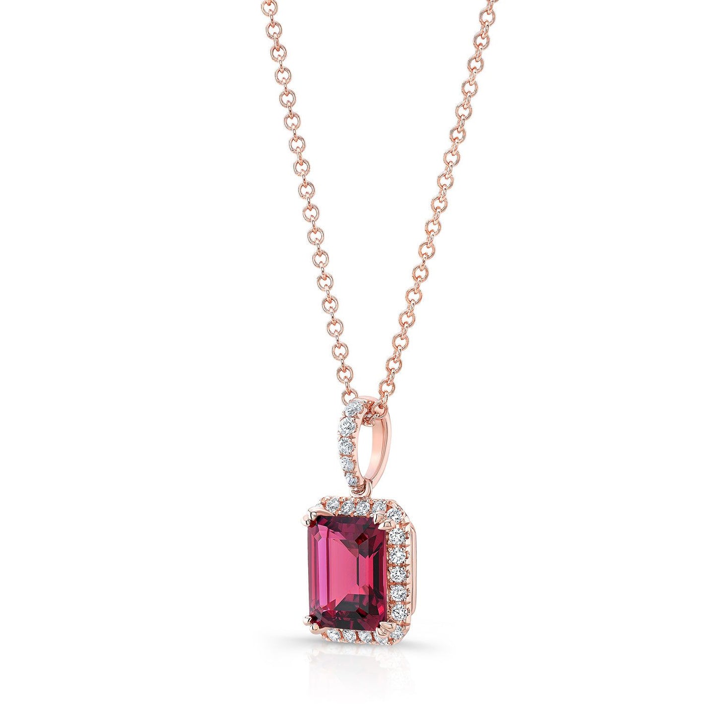 Pink Tourmaline Emerald-cut And Diamond Halo Pendant In 14k Rose Gold