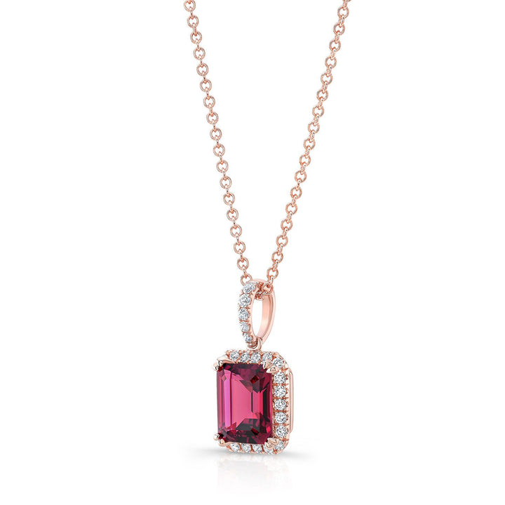 Pink Tourmaline Emerald-cut And Diamond Halo Pendant In 14k Rose Gold