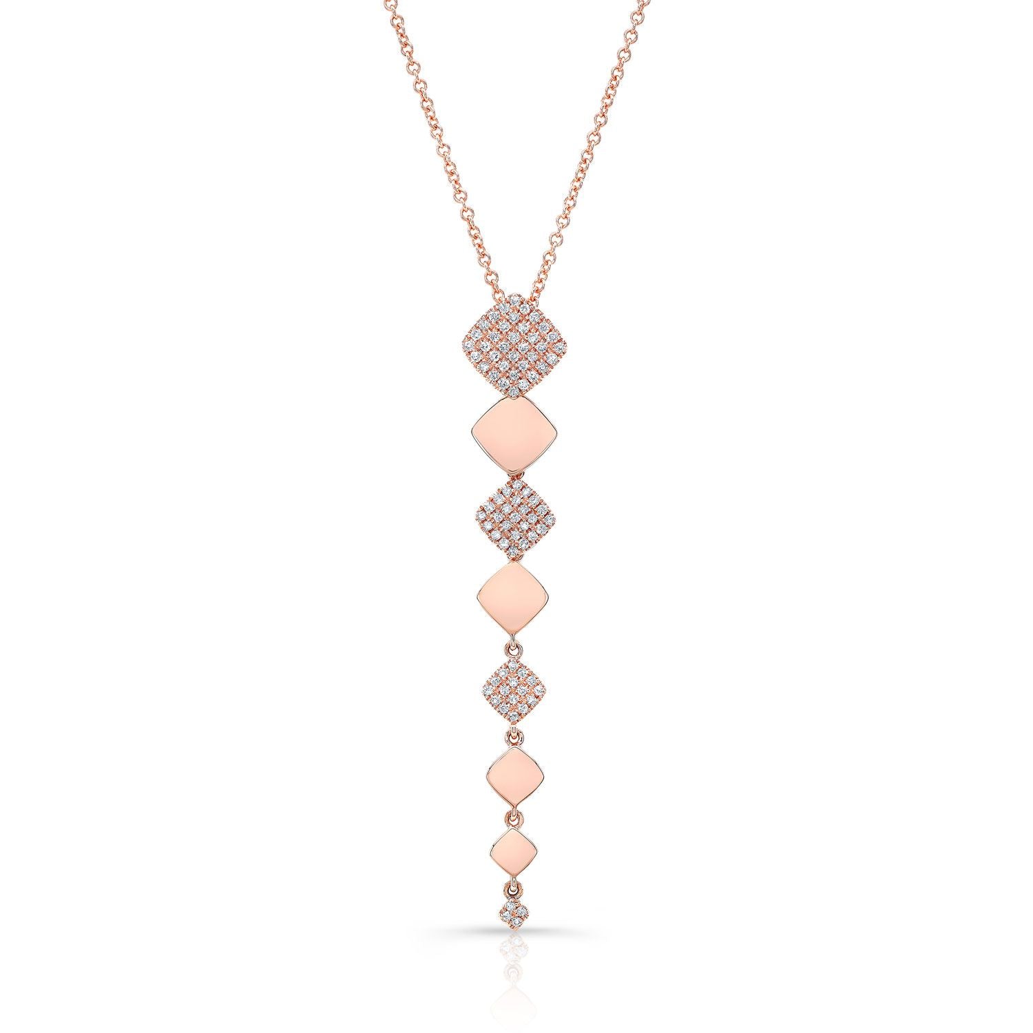 Diamond Alternating Pave And High Polish Dangling Diamond Shape Pendant In 14k Rose Gold