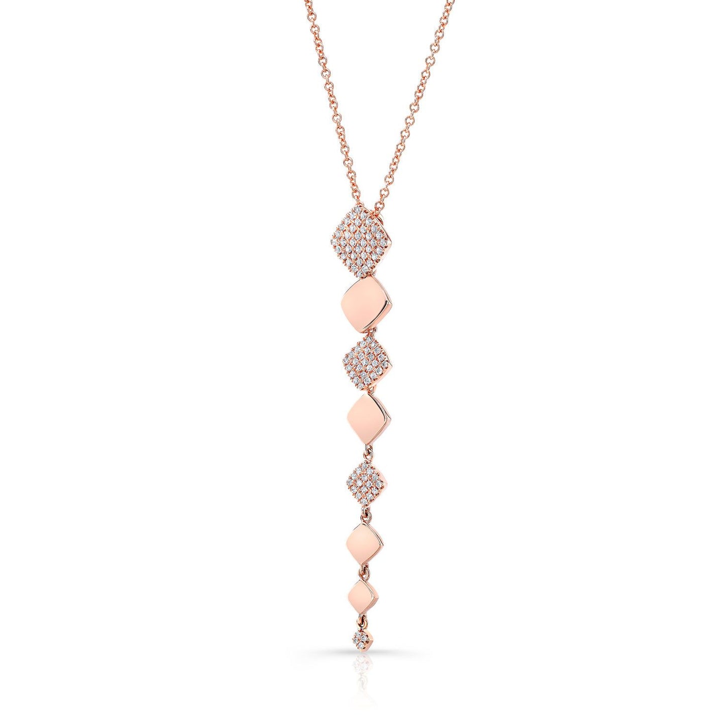 Diamond Alternating Pave And High Polish Dangling Diamond Shape Pendant In 14k Rose Gold