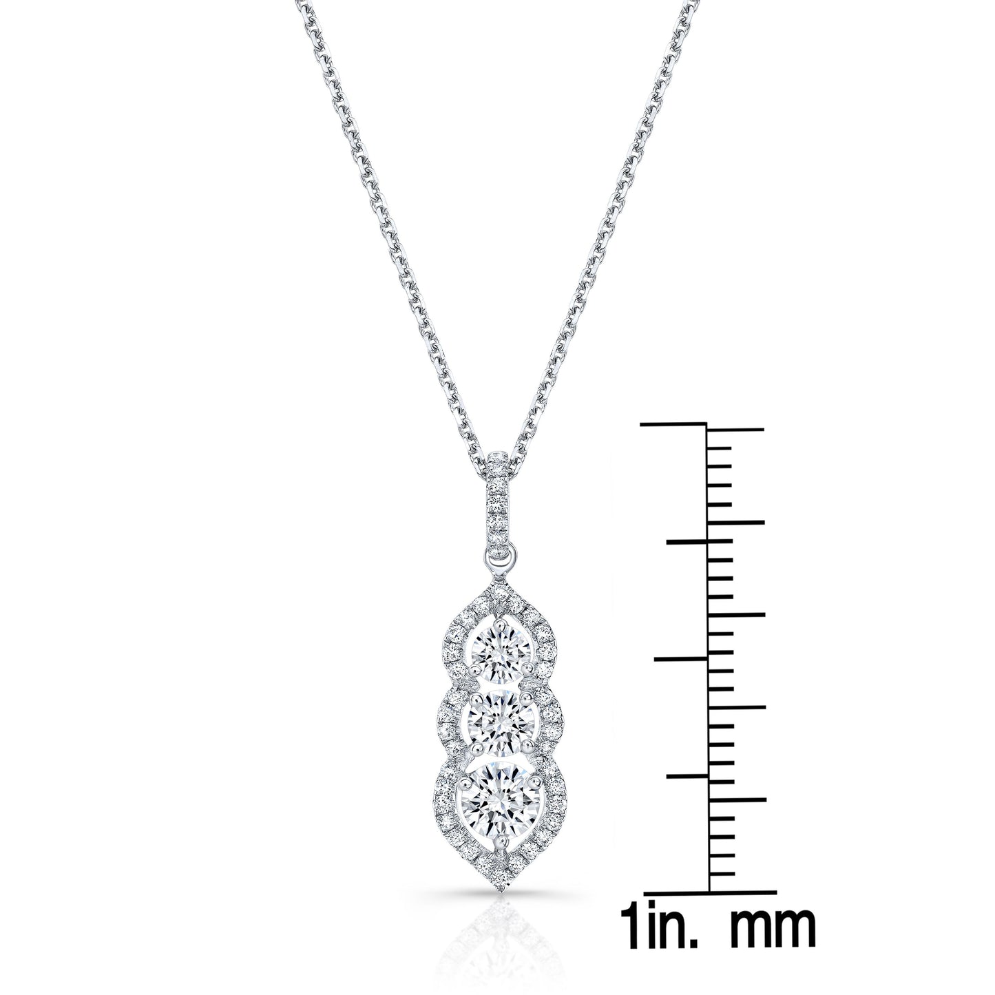 3 Stone Vertical Pendant With Minaret Tips In 14k White Gold