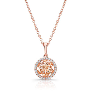 Morganite Round Brilliant Halo Pendant in 14K Rose Gold – front view | RockHer