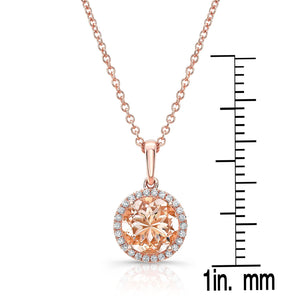 Morganite Round Brilliant Halo Pendant in 14K Rose Gold – front view | RockHer