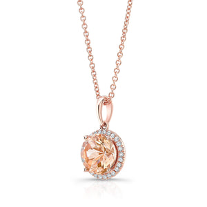 Morganite Round Brilliant Halo Pendant in 14K Rose Gold – side profile | RockHer