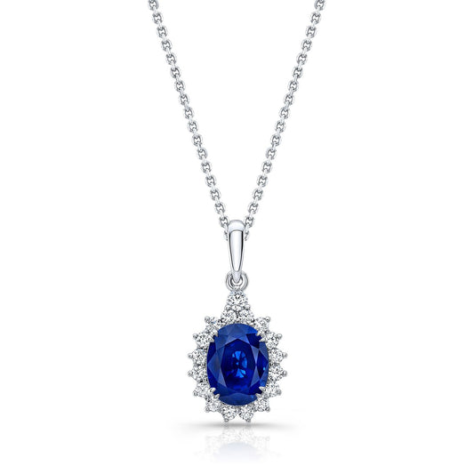 Sapphire Oval And Diamond Halo Frame Pendant In 14k White Gold (8x6mm)