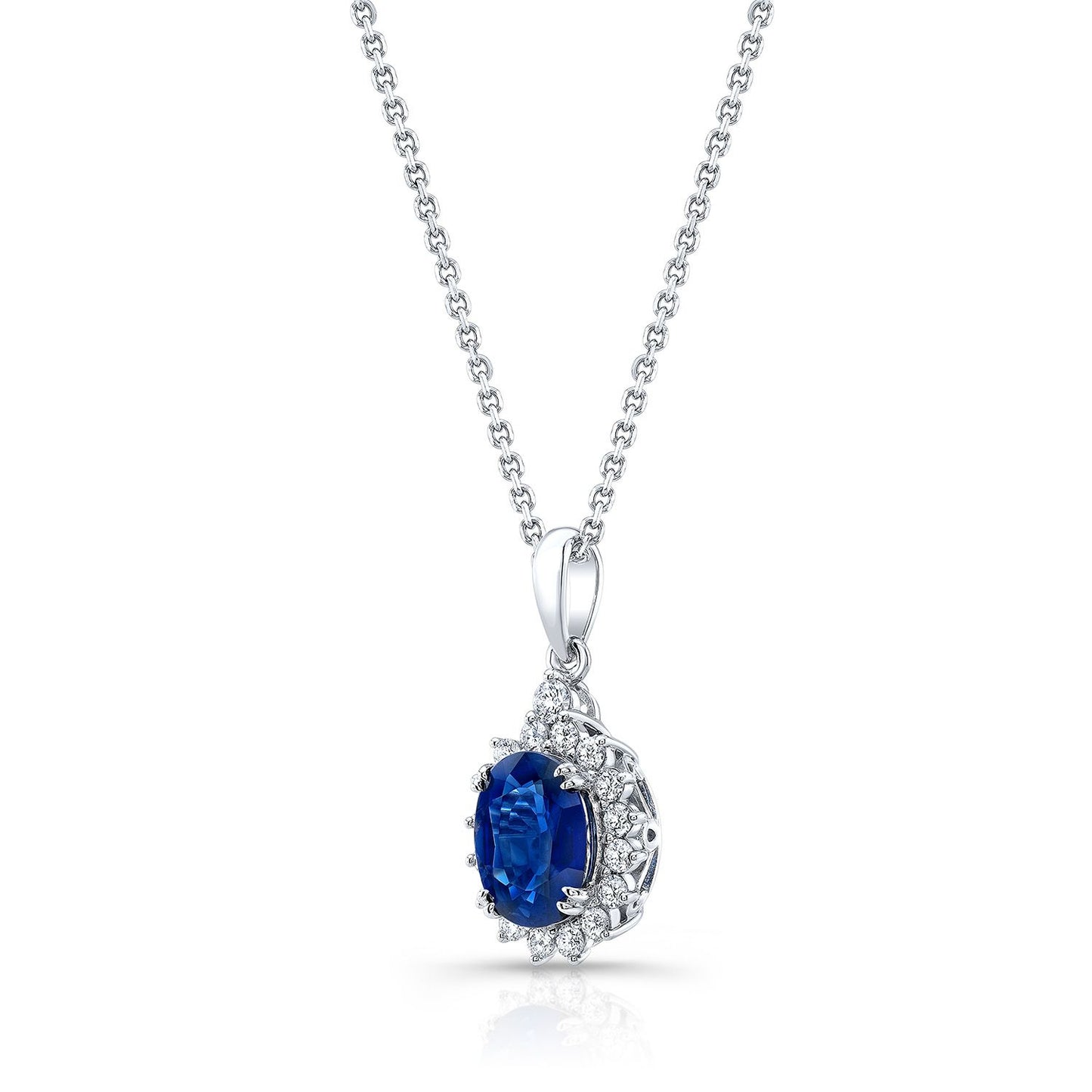 Sapphire Oval And Diamond Halo Frame Pendant In 14k White Gold (8x6mm)