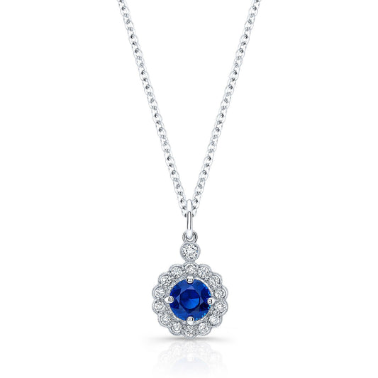 Sapphire And Diamond Scalloped Pendant In 14k White Gold (16-18")
