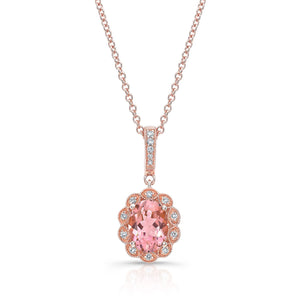 Oval Pink Tourmaline And Diamond Halo Pendant in 14K Yellow Gold (8x6mm), in 14K Rose Gold – front view | RockHer