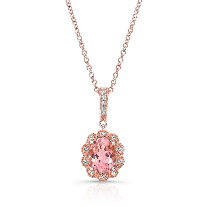 Oval Pink Tourmaline And Diamond Halo Pendant in 14K Yellow Gold (8x6mm), in 14K Rose Gold – front view | RockHer
