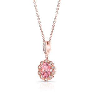 Oval Pink Tourmaline And Diamond Halo Pendant in 14K Yellow Gold (8x6mm), in 14K Rose Gold – side profile | RockHer