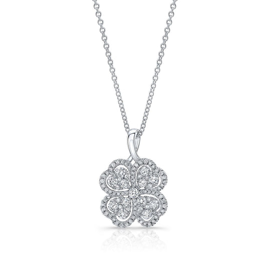 Diamond Cluster And Micro-prong Set 4-leaf Clover Pendant In 14k White Gold