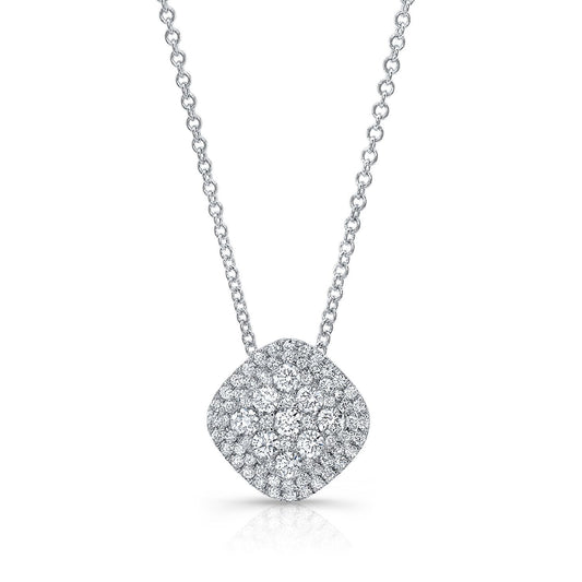 Diamond Micro-prong Set Cushion Shape Pendant With Double Border In 14k White Gold