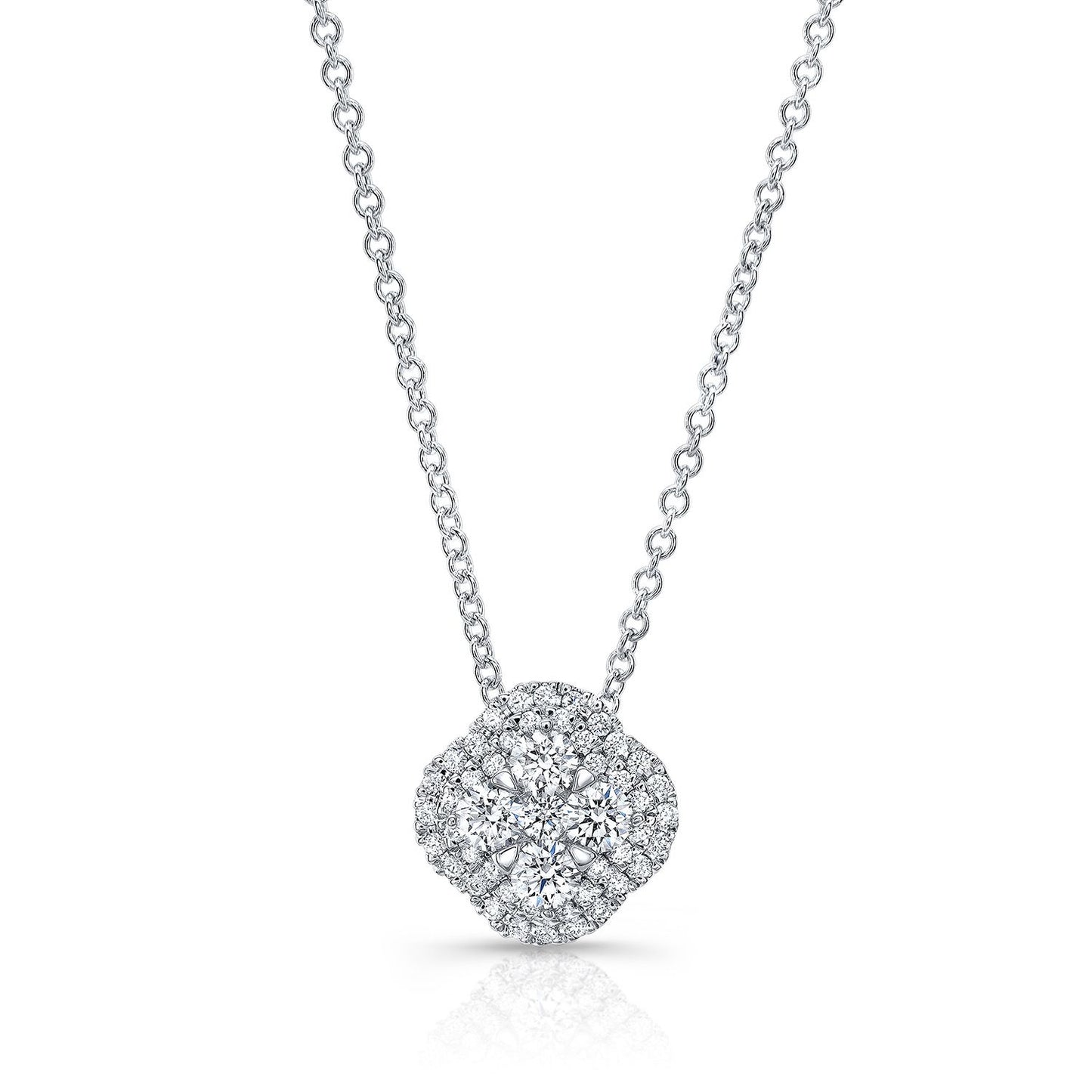 Diamond Clster And Cushion Shape Pendant With Micro-prong Set Border In 14k White Gold