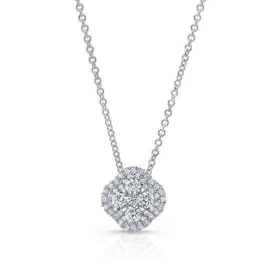 Diamond Clster And Cushion Shape Pendant With Micro-prong Set Border In 14k White Gold