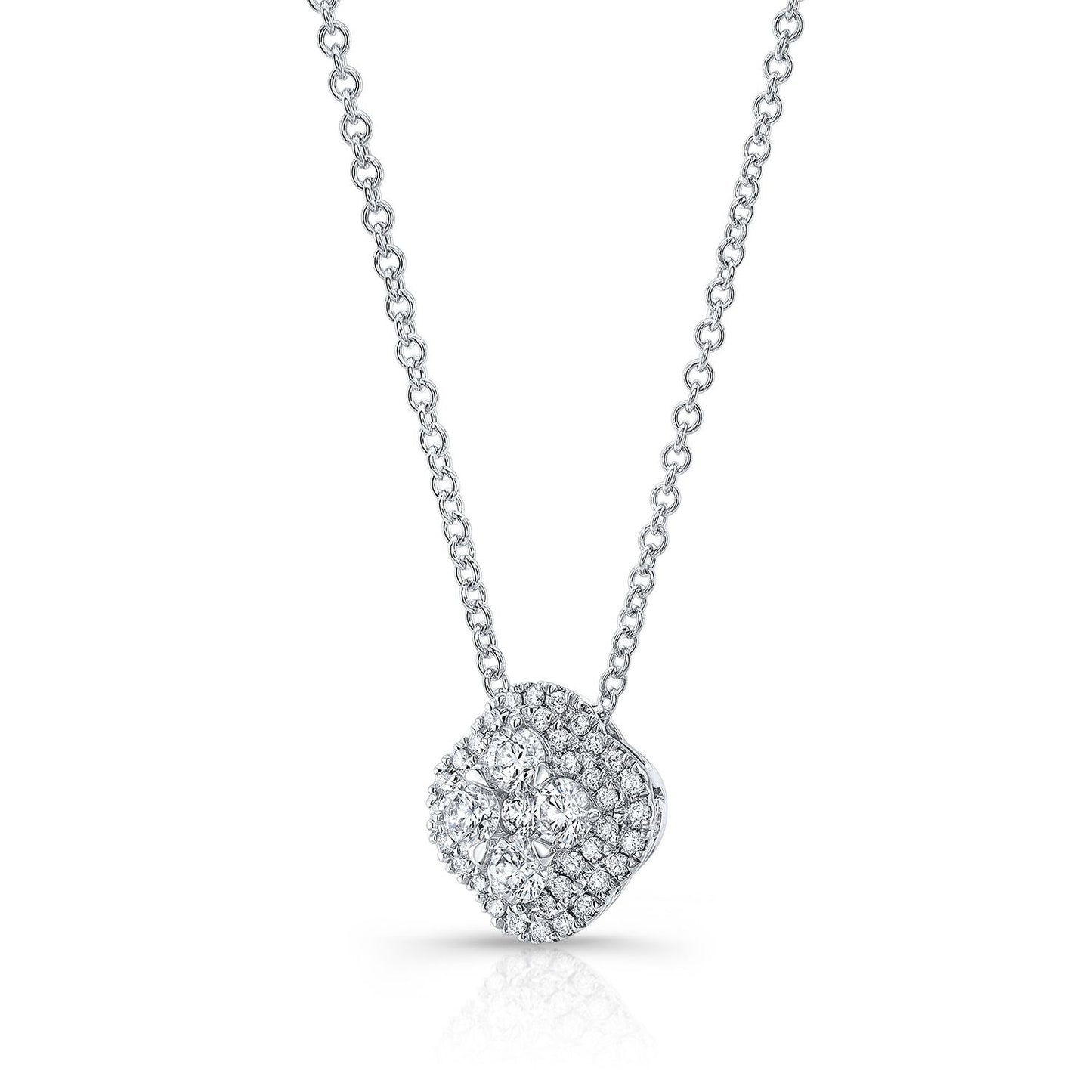 Diamond Clster And Cushion Shape Pendant With Micro-prong Set Border In 14k White Gold