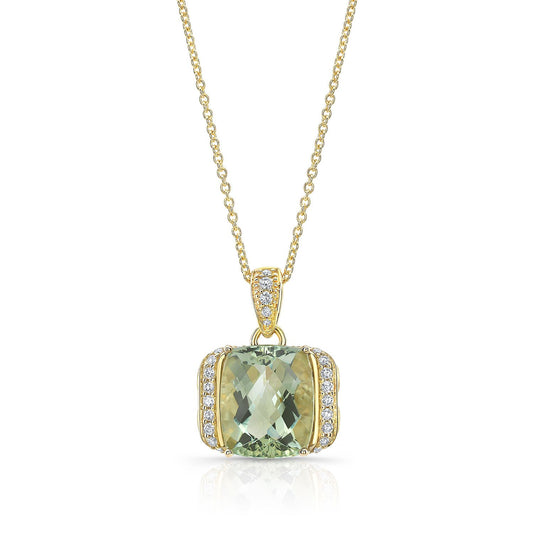 Green Quartz Cushion And Diamond Semi-halo Pendant Wit Pave Bail In 14k Yellow Gold (12x10mm)