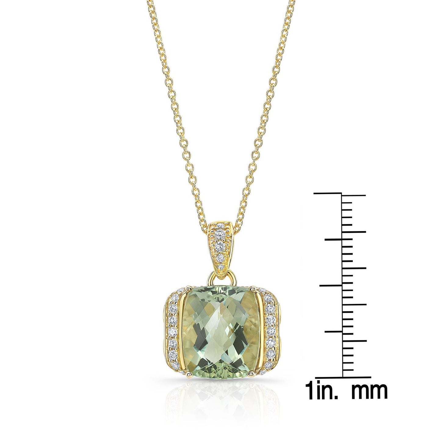 Green Quartz Cushion And Diamond Semi-halo Pendant Wit Pave Bail In 14k Yellow Gold (12x10mm)