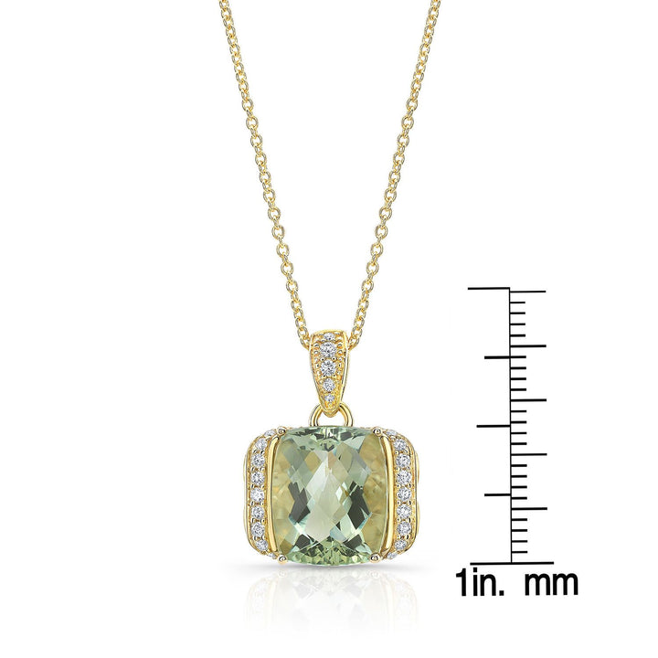 Green Quartz Cushion And Diamond Semi-halo Pendant Wit Pave Bail In 14k Yellow Gold (12x10mm)
