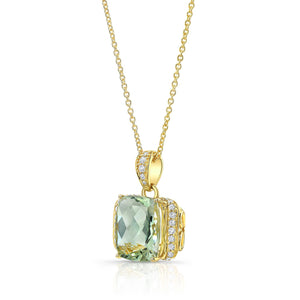 Green Quartz Cushion Halo Pendant in 14K Yellow Gold – side profile | RockHer