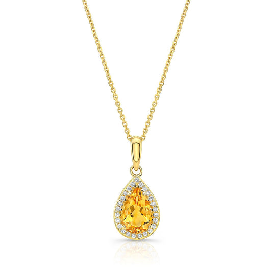 Citrine And Diamond Teardrop Halo Pendant In 14k Yellow Gold 18-20 In Adjustable Chain