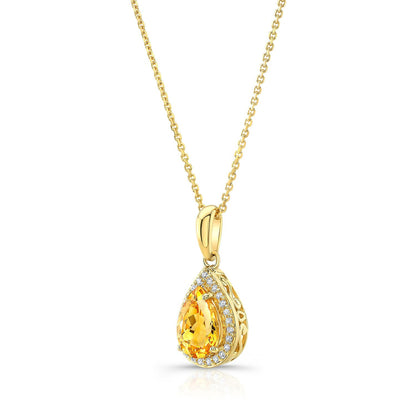 Citrine And Diamond Teardrop Halo Pendant In 14k Yellow Gold 18-20 In Adjustable Chain