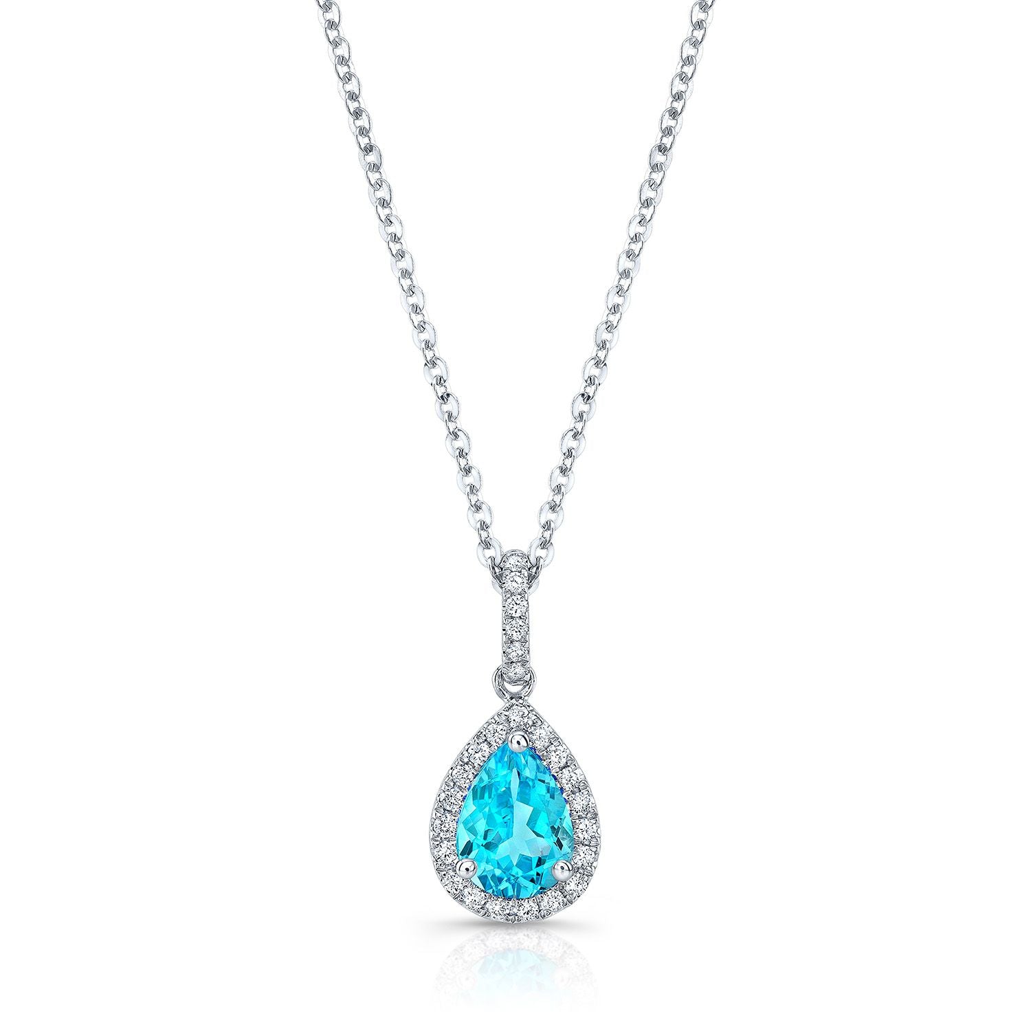 Blue Topaz And Diamond Teardrop Halo Pendant With Slim Pave Bail In 14k White Gold 0.12ctw With 16-18 Inch Adjustable Rolo Chain