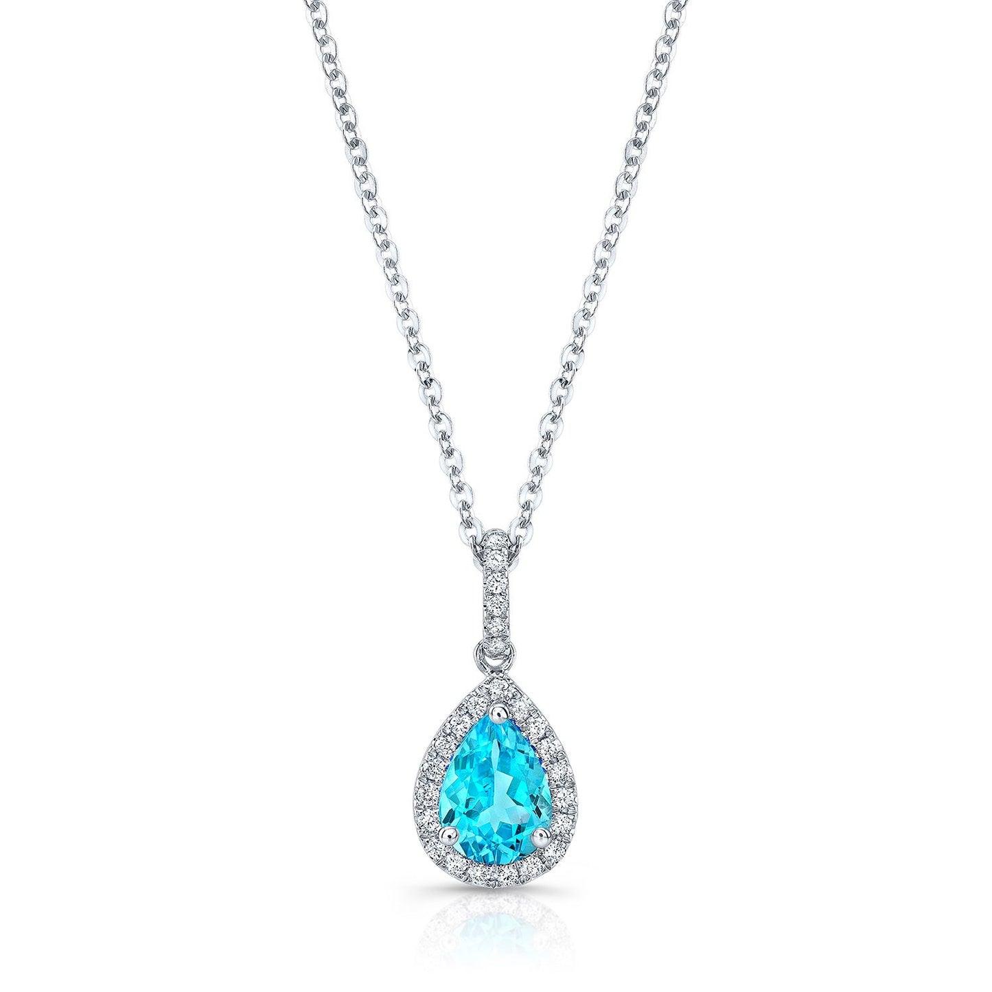 Blue Topaz And Diamond Teardrop Halo Pendant With Slim Pave Bail In 14k White Gold 0.12ctw With 16-18 Inch Adjustable Rolo Chain