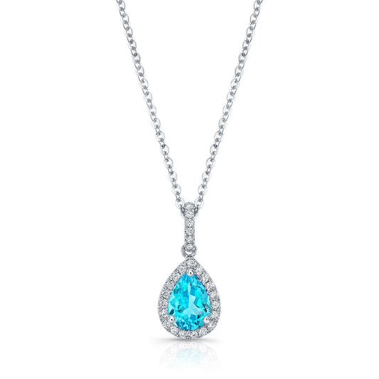 Blue Topaz And Diamond Teardrop Halo Pendant With Slim Pave Bail In 14k White Gold 0.12ctw With 16-18 Inch Adjustable Rolo Chain