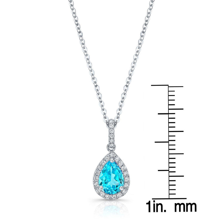Blue Topaz And Diamond Teardrop Halo Pendant With Slim Pave Bail In 14k White Gold 0.12ctw With 16-18 Inch Adjustable Rolo Chain