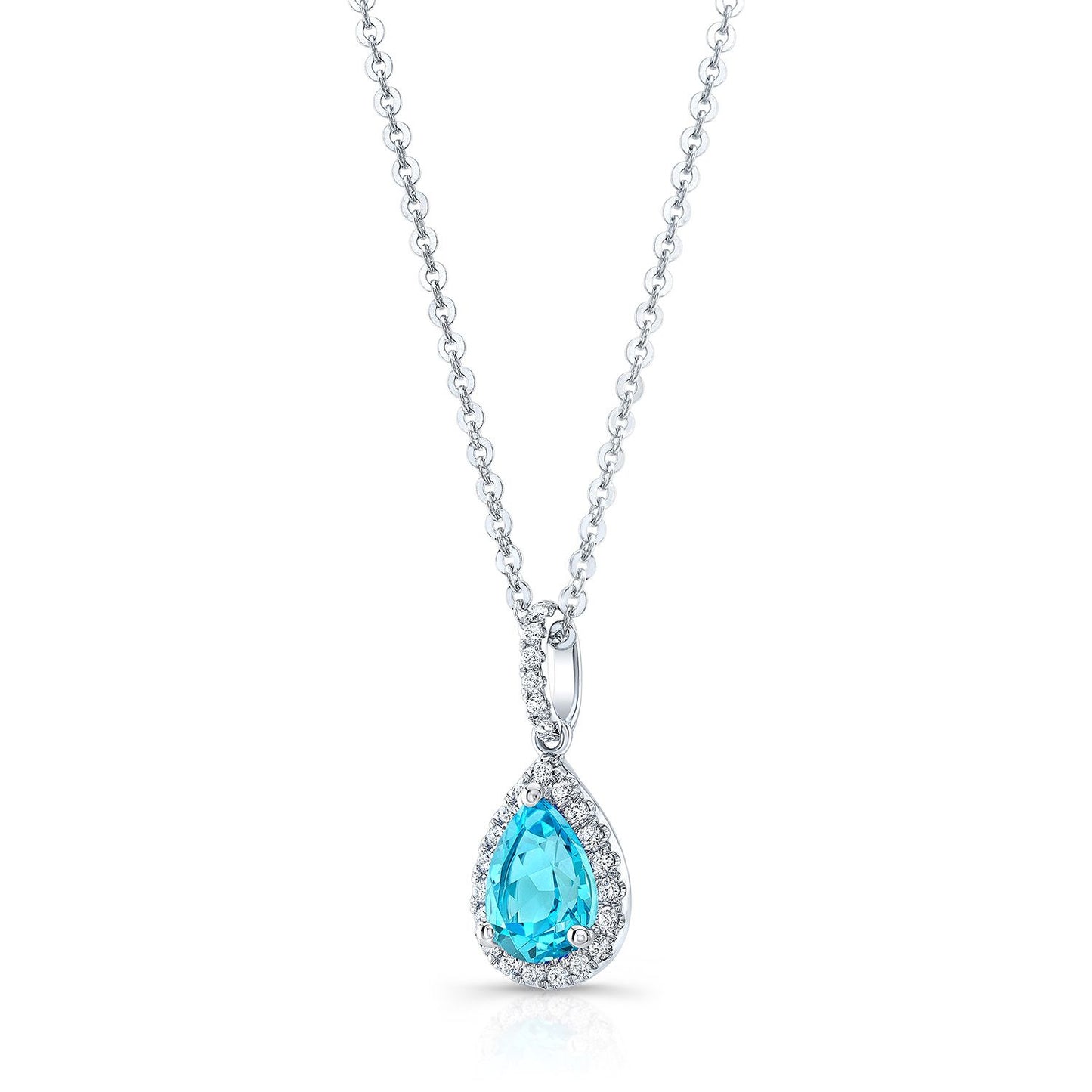 Blue Topaz And Diamond Teardrop Halo Pendant With Slim Pave Bail In 14k White Gold 0.12ctw With 16-18 Inch Adjustable Rolo Chain