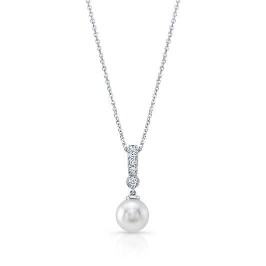Cultured Pearl And Diamond Dangle Pendant With Prong-set Bail And Bezel Accent In 14k White Gold (8.0-8.5mm) (si)