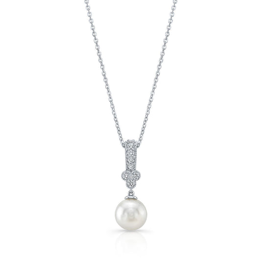 White Pearl And Diamond Drop Pendant With Clover And Pave Millgrained Bail In 14k White Gold (9.0-9.5mm) (si)
