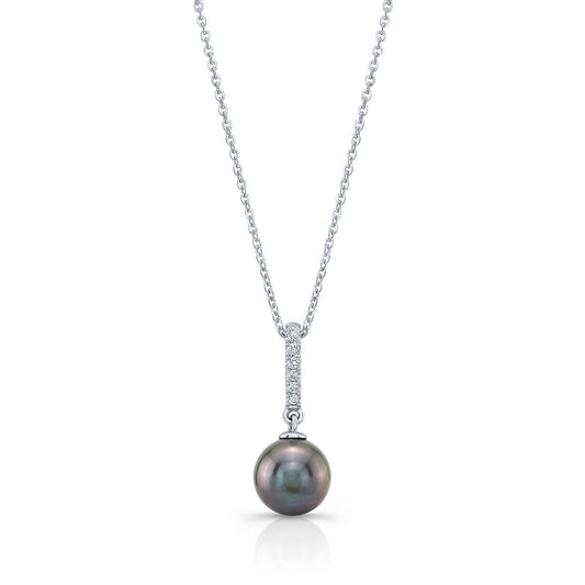 Black Pearl And Diamond Straight Drop Pendant In 14k White Gold (9.0-9.5mm) (si)