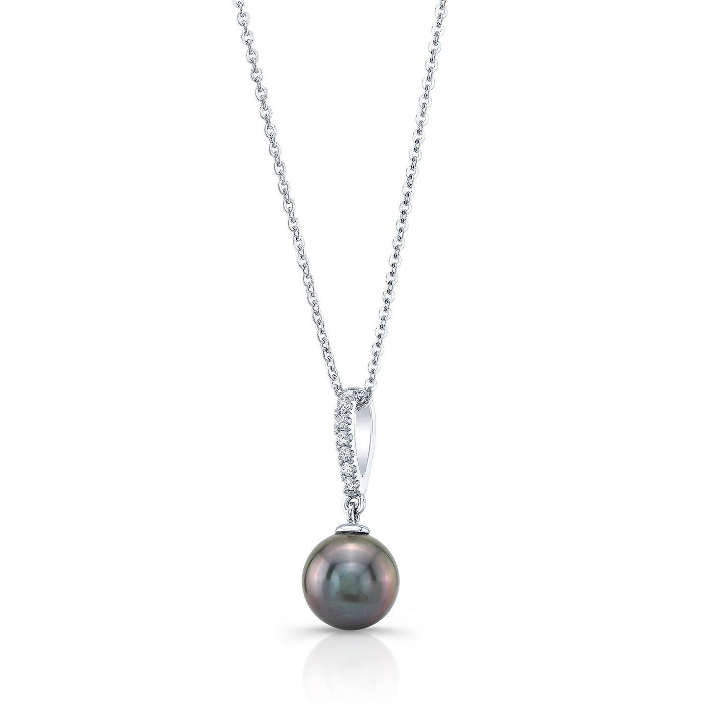 Black Pearl And Diamond Straight Drop Pendant In 14k White Gold (9.0-9.5mm) (si)
