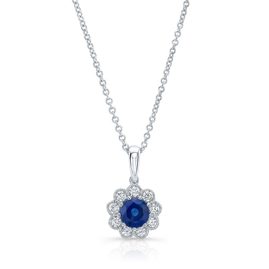 Sapphire And Diamond Floral Pendant With Millgrained Edging And Tapered Bail In 14k White Gold (6mm)
