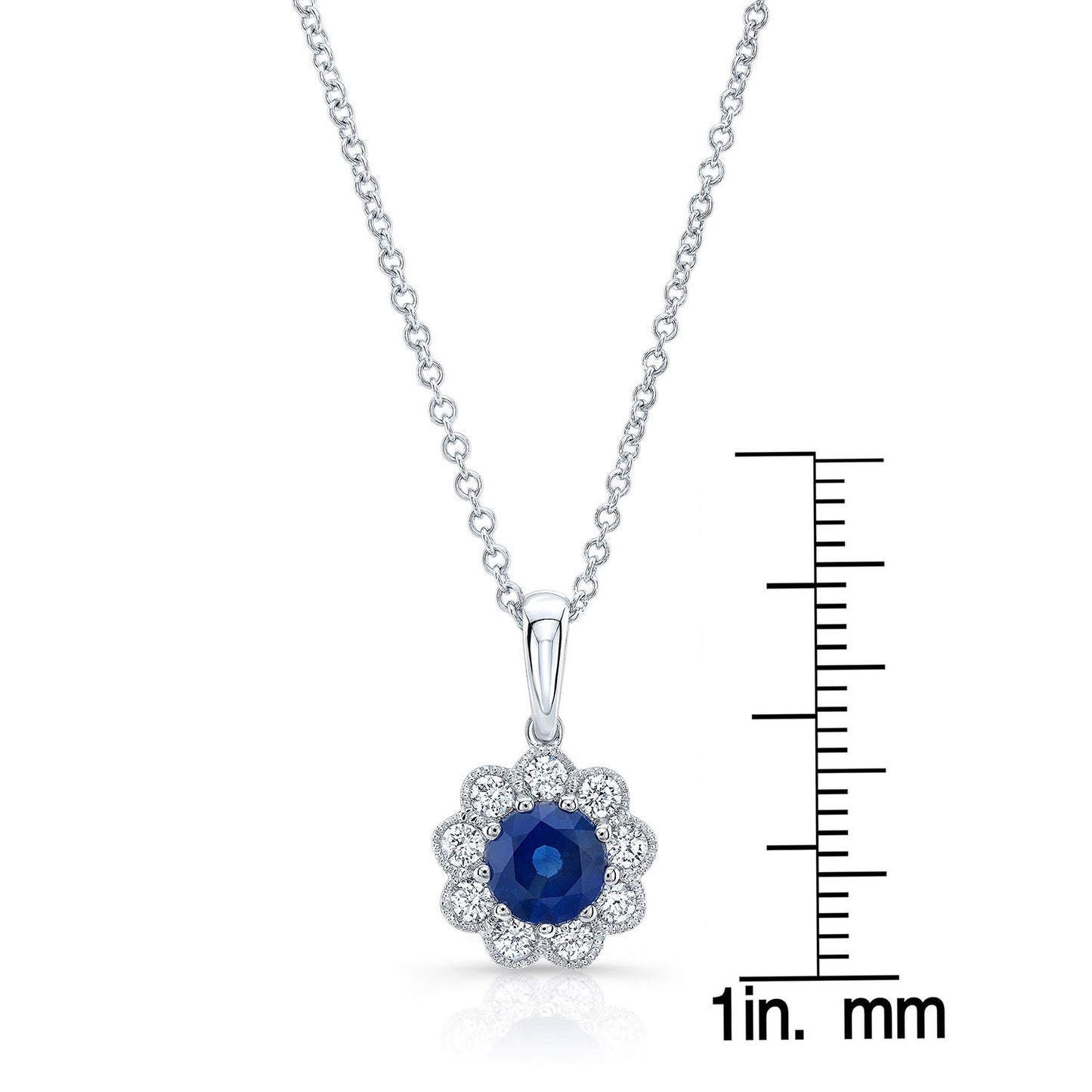 Sapphire And Diamond Floral Pendant With Millgrained Edging And Tapered Bail In 14k White Gold (6mm)